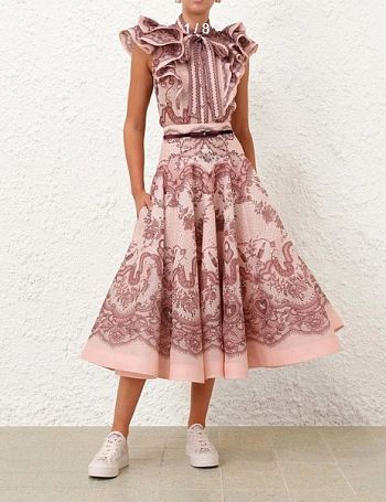ZIMMERMANN Crush belted printed linen-blend midi skirt 