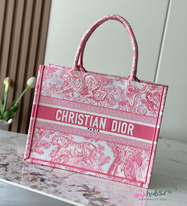 Dior Medium Book Tote White and Yarrow Pink Toile de Jouy Sauvage Embroidery - 36×28 cm - 1