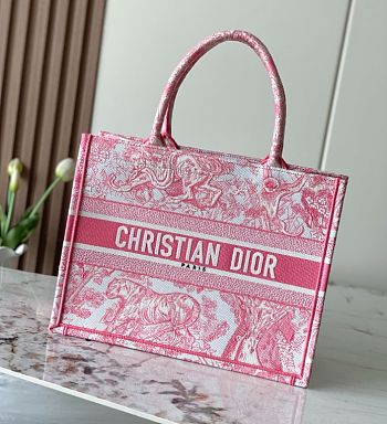 Dior Medium Book Tote White and Yarrow Pink Toile de Jouy Sauvage Embroidery - 36×28 cm