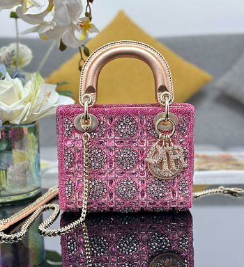 Dior Mini Lady Bag Metallic Lambskin In Pink - 17×15×7cm