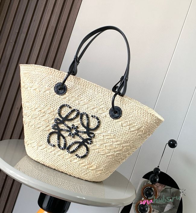 Loewe Black Natural Iraca Palm Medium Anagram Basket Tote - 46x24x15cm - 1