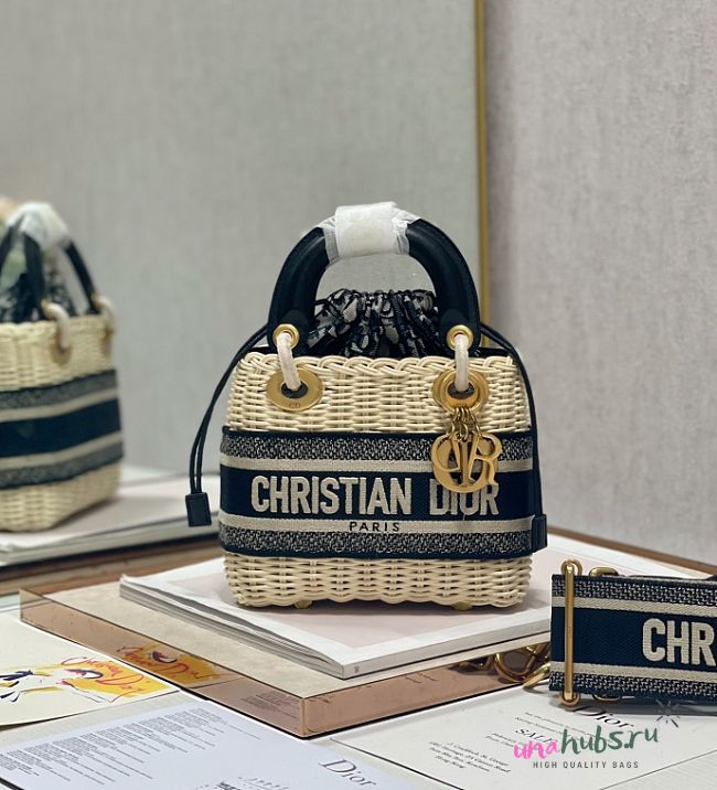 Dior Mini Lady Bag Natural Rattan and Blue Dior Oblique Jacquard - 17×7.5×14cm  - 1