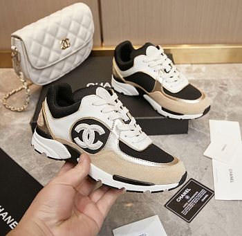 Chanel Sneakers Calfskin Fabric & White Black Beige Gold