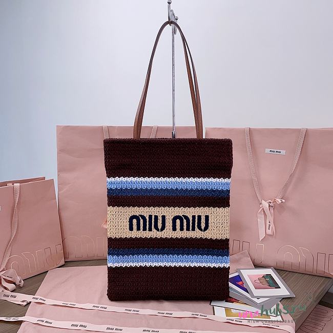 Miu Miu Cocoa Brown/celeste/natural Raffia-effect Woven Tote Bag - 30X38CM - 1