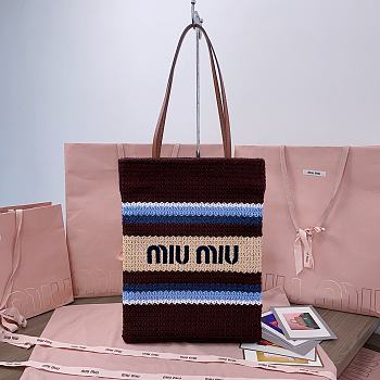 Miu Miu Cocoa Brown/celeste/natural Raffia-effect Woven Tote Bag - 30X38CM