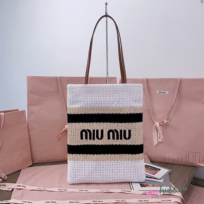 	 Miu Miu White/celeste/natural Raffia-effect Woven Tote Bag - 30X38CM - 1