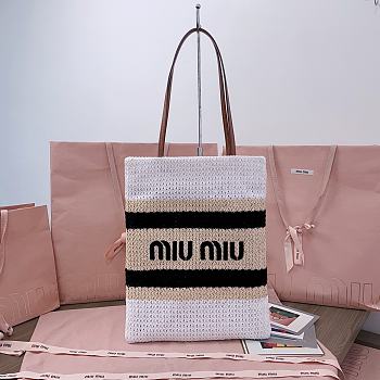 	 Miu Miu White/celeste/natural Raffia-effect Woven Tote Bag - 30X38CM