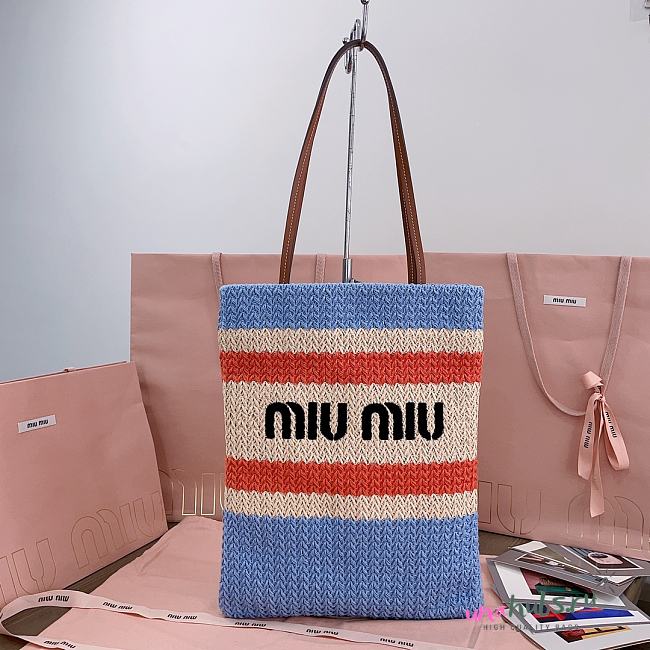 	 Miu Miu Blue/celeste/natural Raffia-effect Woven Tote Bag - 30X38CM - 1