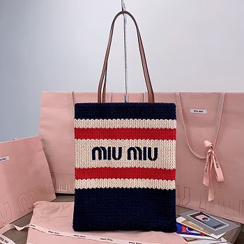 	 Miu Miu Dark Blue/celeste/natural Raffia-effect Woven Tote Bag - 30X38CM