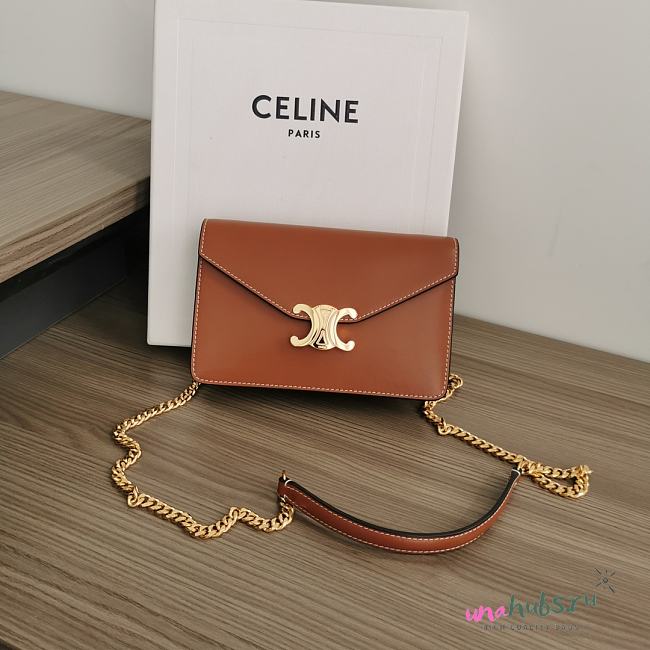 	 CELINE WALLET ON CHAIN MARGO IN SHINY CALFSKIN BROWN COLOR - 19.5 X 13 X 4CM - 1