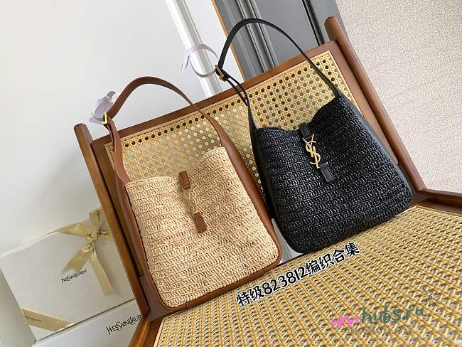 YSL Le 5 à 7 Small raffia shoulder bag in neutrals - 22x22x10cm - 1