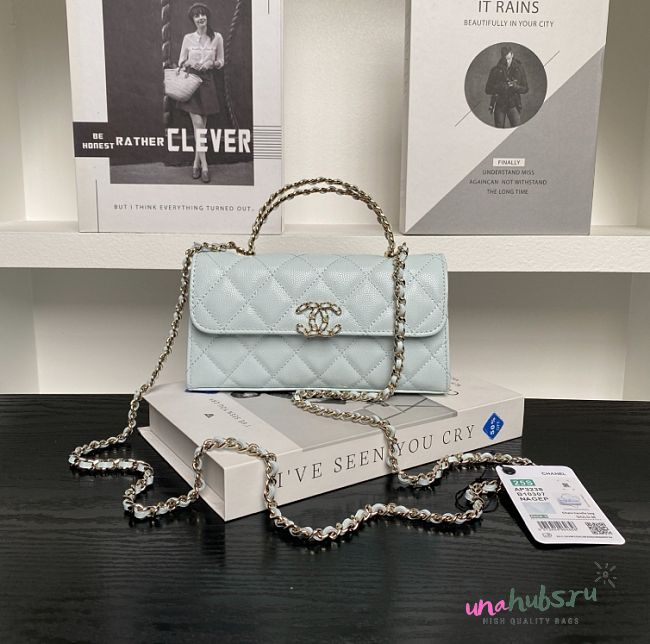 CHANEL FLAP PHONE HOLDER WITH CHAIN I CAVIAR LIGHT BLUE -  19x10x4.5cm - 1