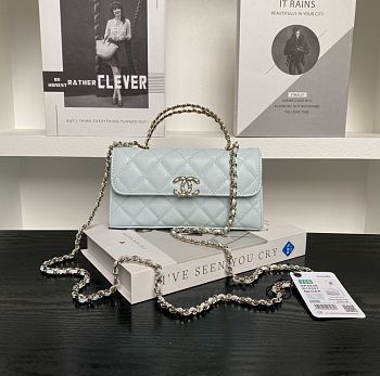 CHANEL FLAP PHONE HOLDER WITH CHAIN I CAVIAR LIGHT BLUE -  19x10x4.5cm