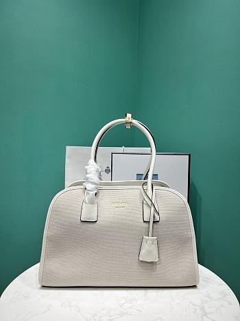 Prada Tan/White Medium linen blend and leather tote bag - 35x22.5x18