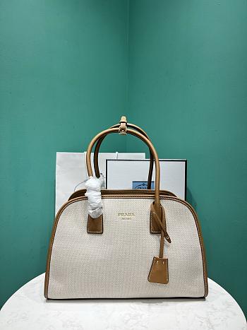 	 Prada Brown/White Medium linen blend and leather tote bag - 35x22.5x18