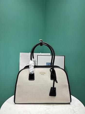	 Prada Black/White Medium linen blend and leather tote bag - 35x22.5x18
