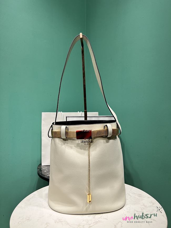 PRADA Cream Buckle Leather Bucket Bag - 26.5x29x18cm - 1