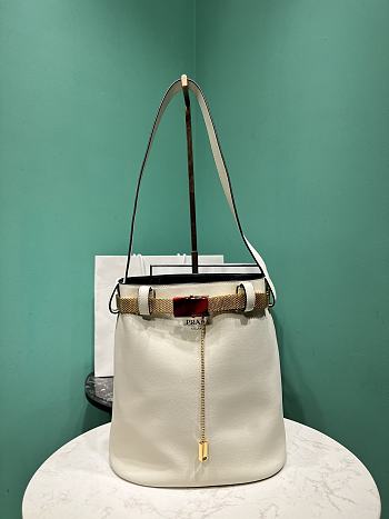PRADA Cream Buckle Leather Bucket Bag - 26.5x29x18cm