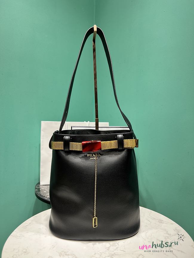 	 PRADA Black Buckle Leather Bucket Bag - 26.5x29x18cm - 1