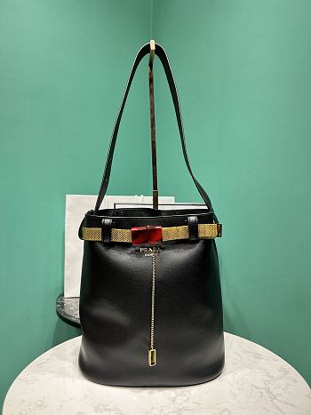 	 PRADA Black Buckle Leather Bucket Bag - 26.5x29x18cm