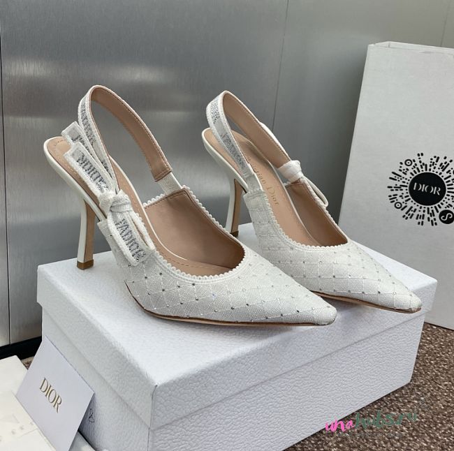 Dior J'Adior Slingback Pump White Embroidered Cotton and Silver-Tone Stras - 1
