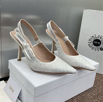 Dior J'Adior Slingback Pump White Embroidered Cotton and Silver-Tone Stras