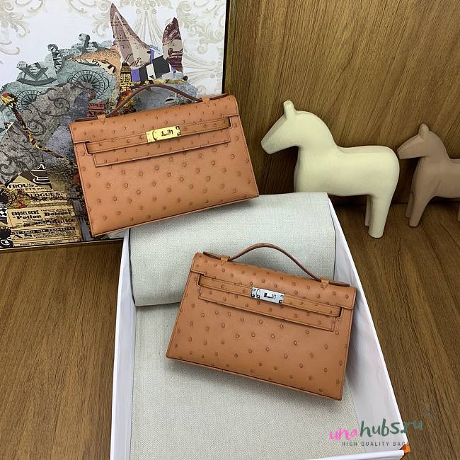 Hermes Kelly pochette brown ostrich leather bag - 22cm - 1