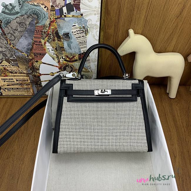 Hermes Noir/Ecru/Blanc Toile Quadrille and Swift Leather Palladium Finish Kelly Sellier 28 Bag - 1