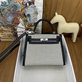Hermes Noir/Ecru/Blanc Toile Quadrille and Swift Leather Palladium Finish Kelly Sellier 28 Bag