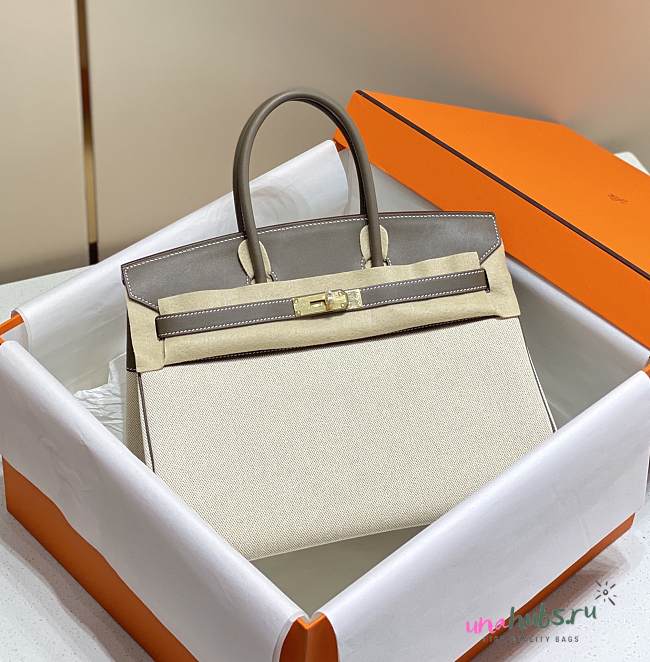 	 Hermes Birkin 35 Handbag Grey/Cream Leather - 1