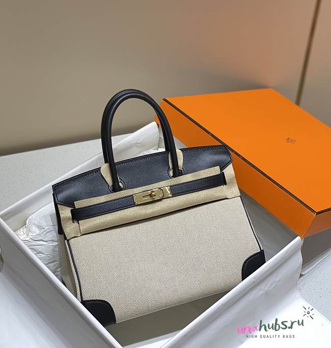 	 Hermes Birkin 30 Handbag Black/Cream Leather - 1