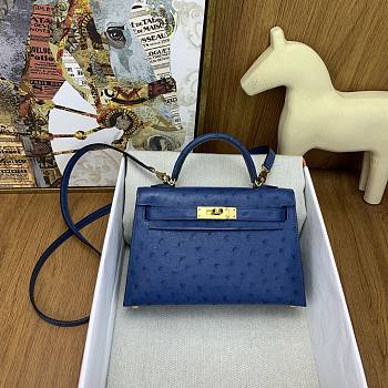 	 Hermes Kelly pochette blue ostrich leather bag - 22cm