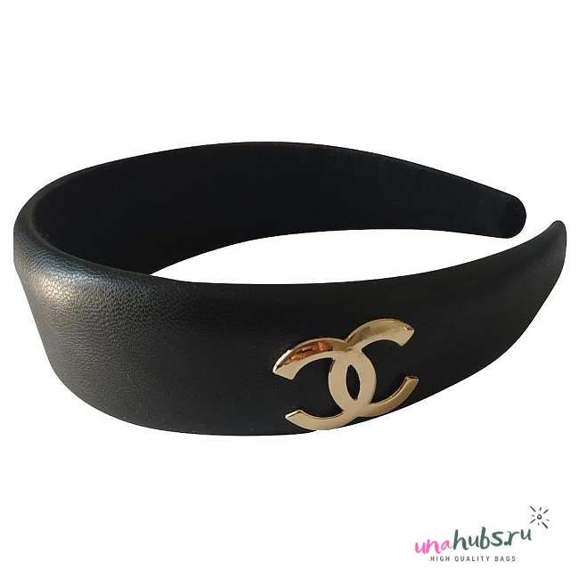 Chanel Black Leather Headband CC Logo - 1