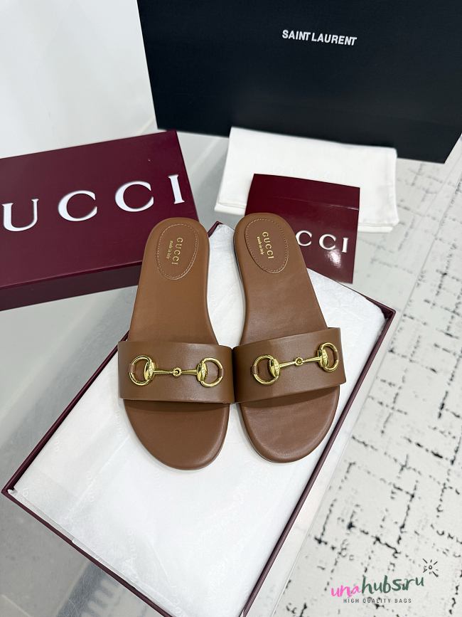 	 Gucci Horsebit Leather Slides in Brown - 1