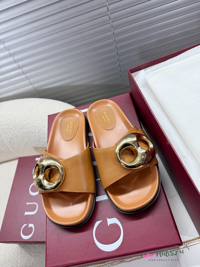 	 Gucci Marina Chain Slide Sandal Leather Brown - 1