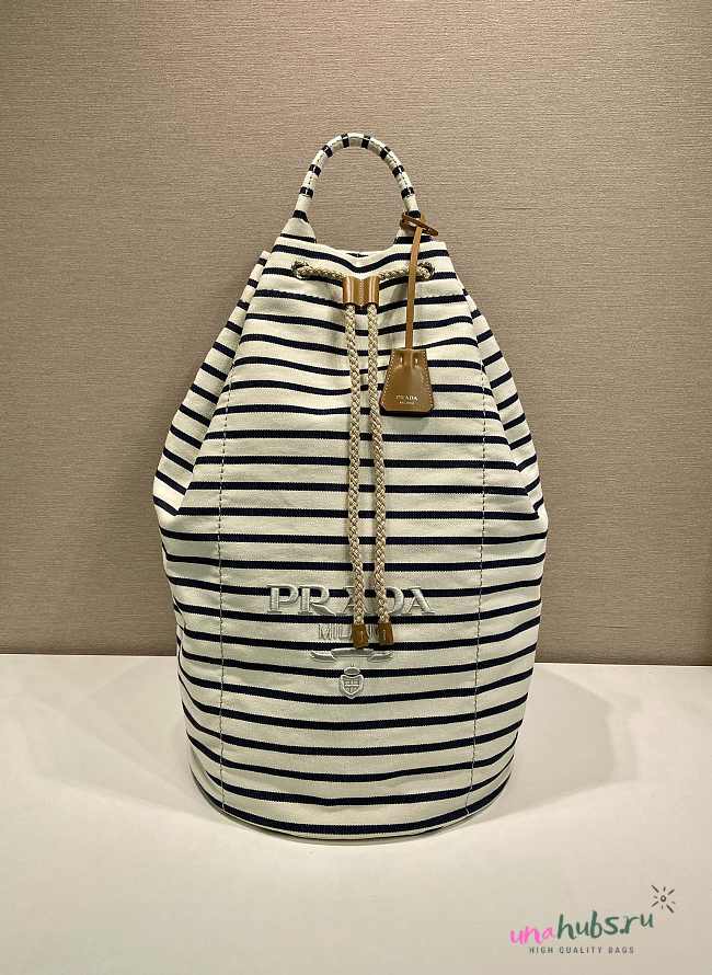 Prada Ivory/Blue Striped canvas drawstring duffel bag - 34x55x34cm - 1