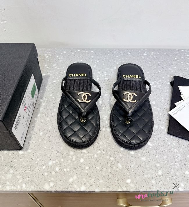 Chanel Black Flip Flops Goatskin Suede - 1