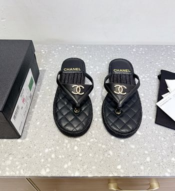 Chanel Black Flip Flops Goatskin Suede