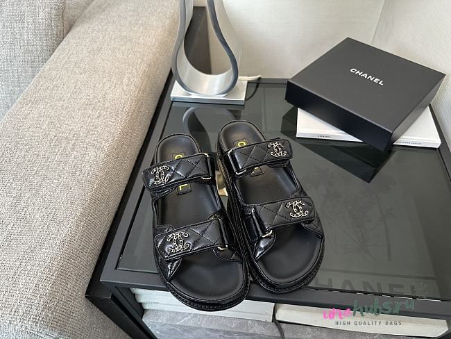 	 Chanel Black Lambskin Dad Slide Sandals - 1