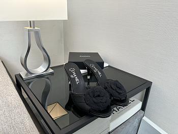 	 Chanel Quilted Camellia Flower Sandals in Black Leather