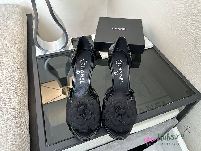 	 Chanel Black Patent And Leather Camellia Dorsay Pumps - 1