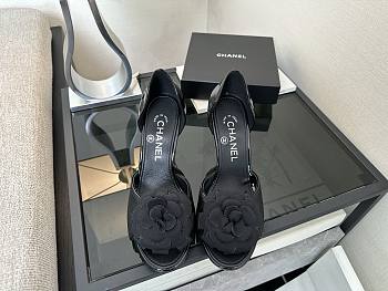 	 Chanel Black Patent And Leather Camellia Dorsay Pumps