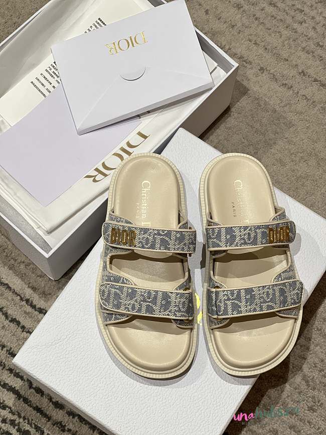 	 Dior Dioract Slides Chambray Blue Jacquard with Ecru Dior Oblique Raffia - 1