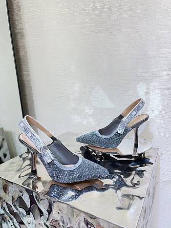Dior Or J'Adior Slingback Pump Blue Cotton Embroidered with Metallic Thread