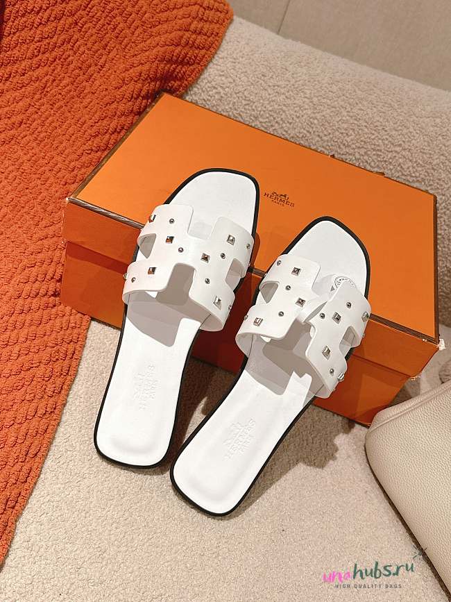 Hermes White Oran Slides With Stones - 1