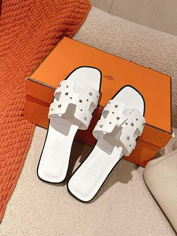 Hermes White Oran Slides With Stones