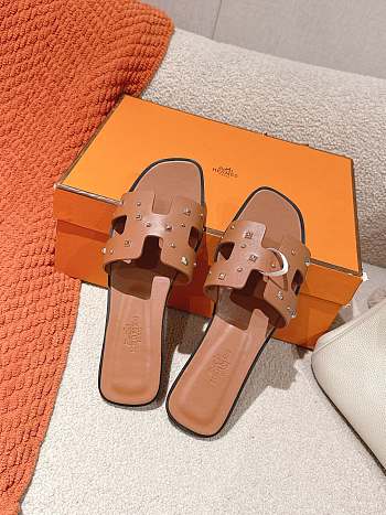 	 Hermes Brown Oran Slides With Stones