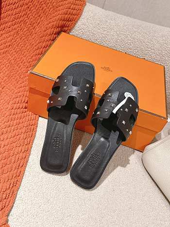 Hermes Black Oran Slides With Stones