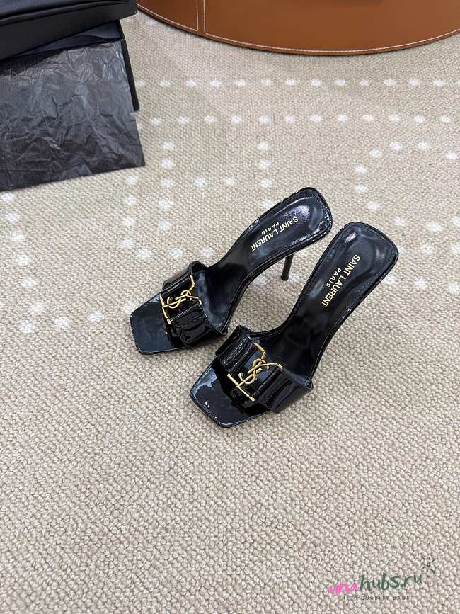 YSL black leather strapless high heel sandal with gold logo - 1