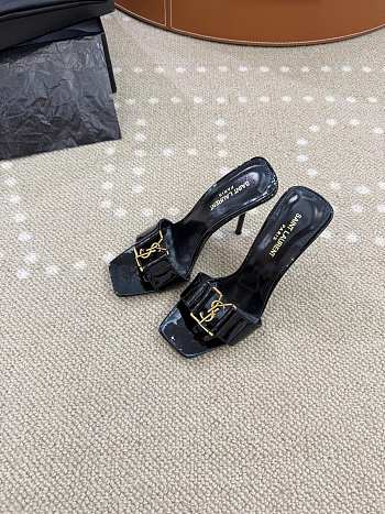 YSL black leather strapless high heel sandal with gold logo